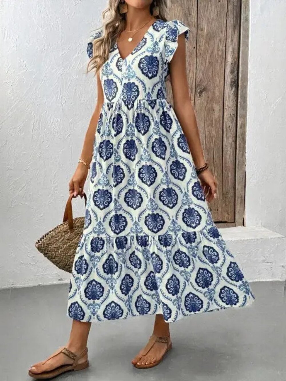Boutique Boho V-Neck Blue and White Floral Print Maxi Dress